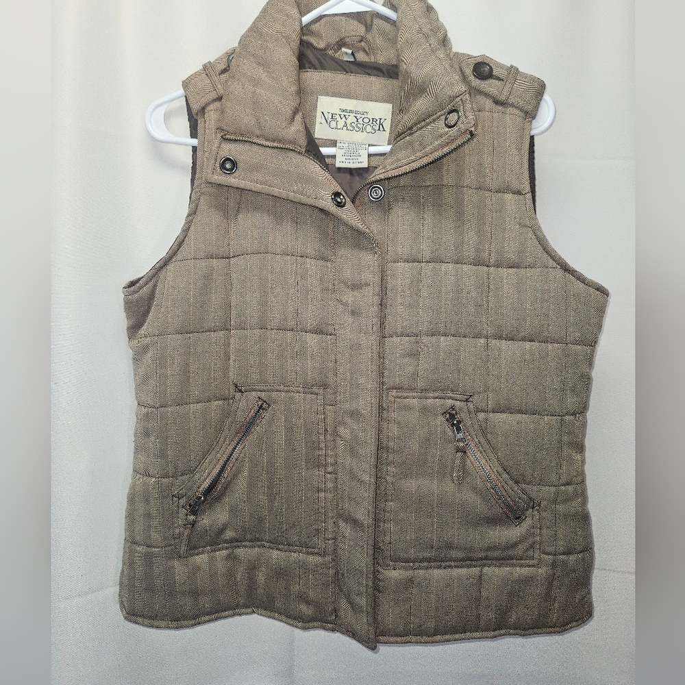 Women's Vintage Brown Plaid Puffer Vest by New York Classics